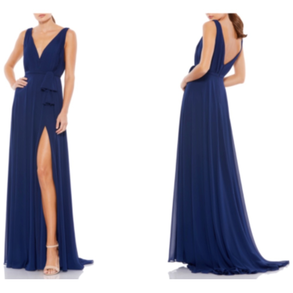 NEW Ieena For Mac Duggal Midnight Blue Chiffon Column Gown Size 4